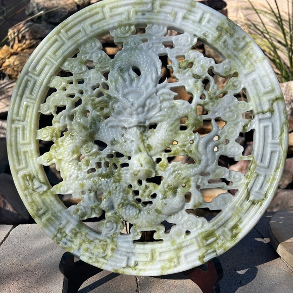 Green and White Lantian Jade Dragon Carved Disc